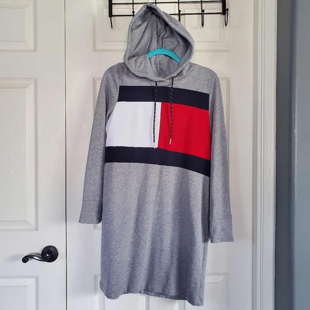 Tommy HilfigerLogo Hoodie Sweatshirt Dress Pullover Long Sleeves Gray Large
